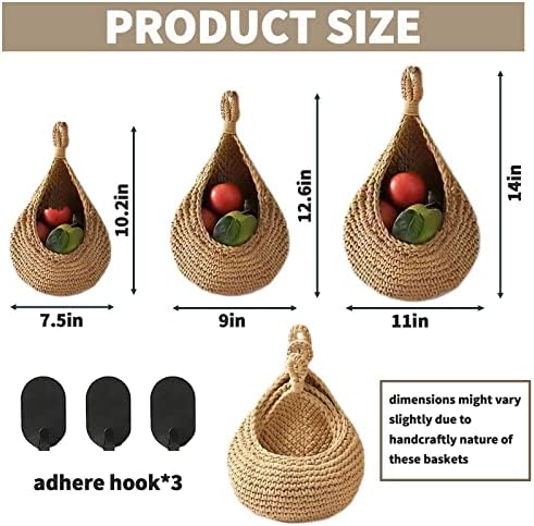 AIVIIN Mutfak için Asılı Meyve Sepetleri - 3 Adet Güçlü Kanca ile, el Dokuması Asılı Tutucu Gözyaşı Ev Meyve Sebze